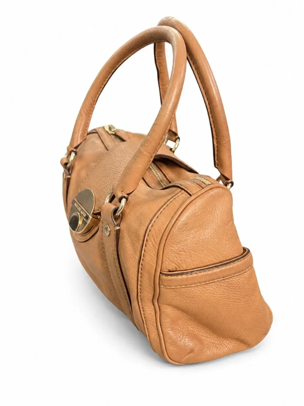 Michael Kors Tan Pebbled Leather Satchel Gold Turn-Lock Handbag